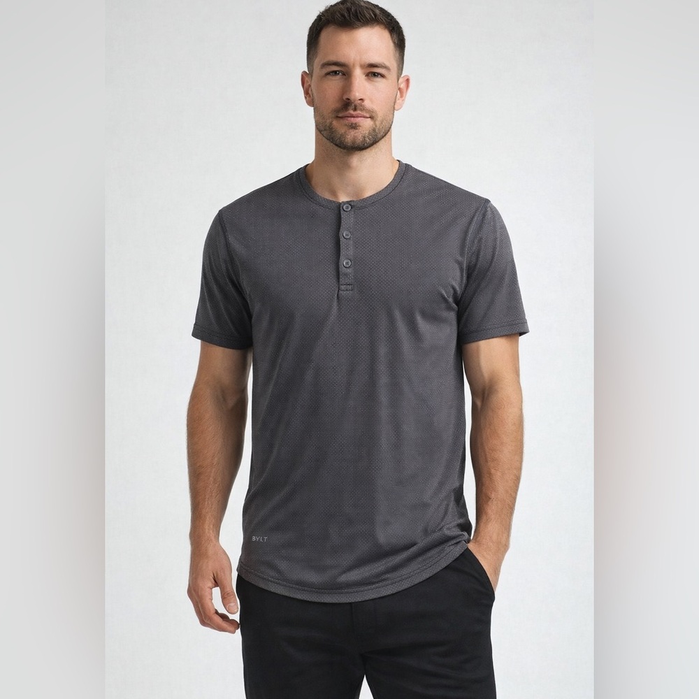BYLT Henley Drop Cut S/S LUX Microdot Polka dot Casual Stretch EUC 3 Button E